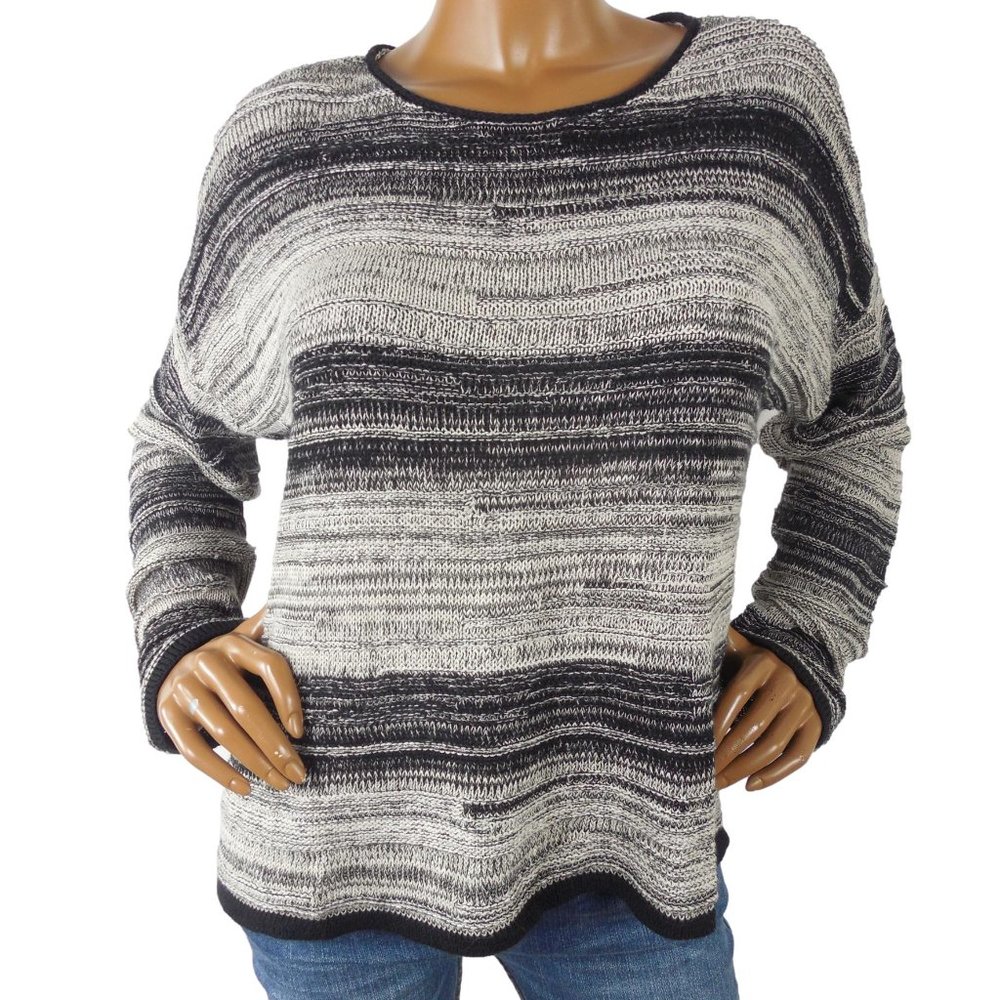 EILEEN FISHER Sweater L Black/Tan Casual Relaxed Cropped Linen Wool Long Sleeves - Picture 2 of 12